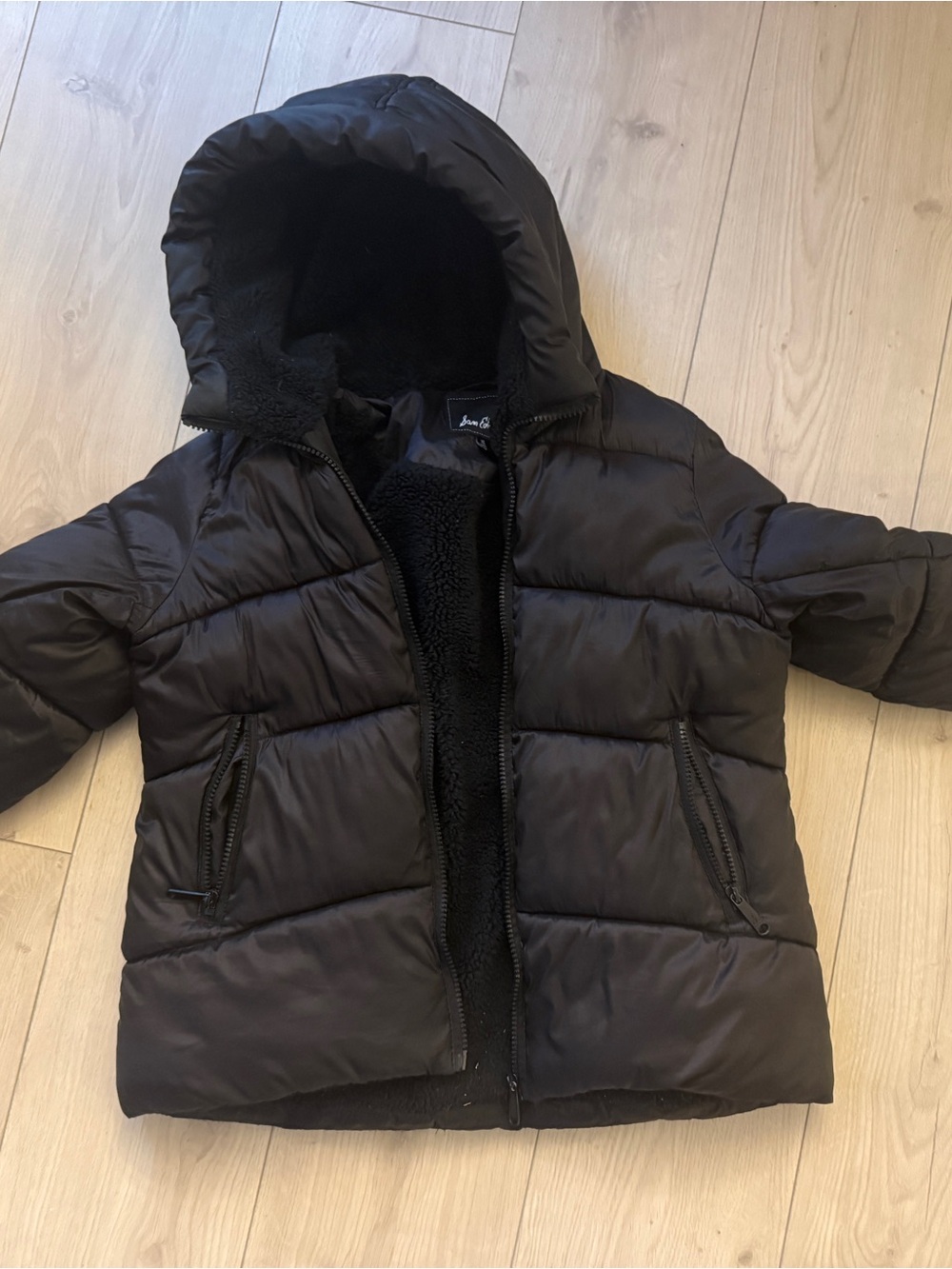 Black Hooded Puffer Jacket for Kids - Cozy Sherpa Lining